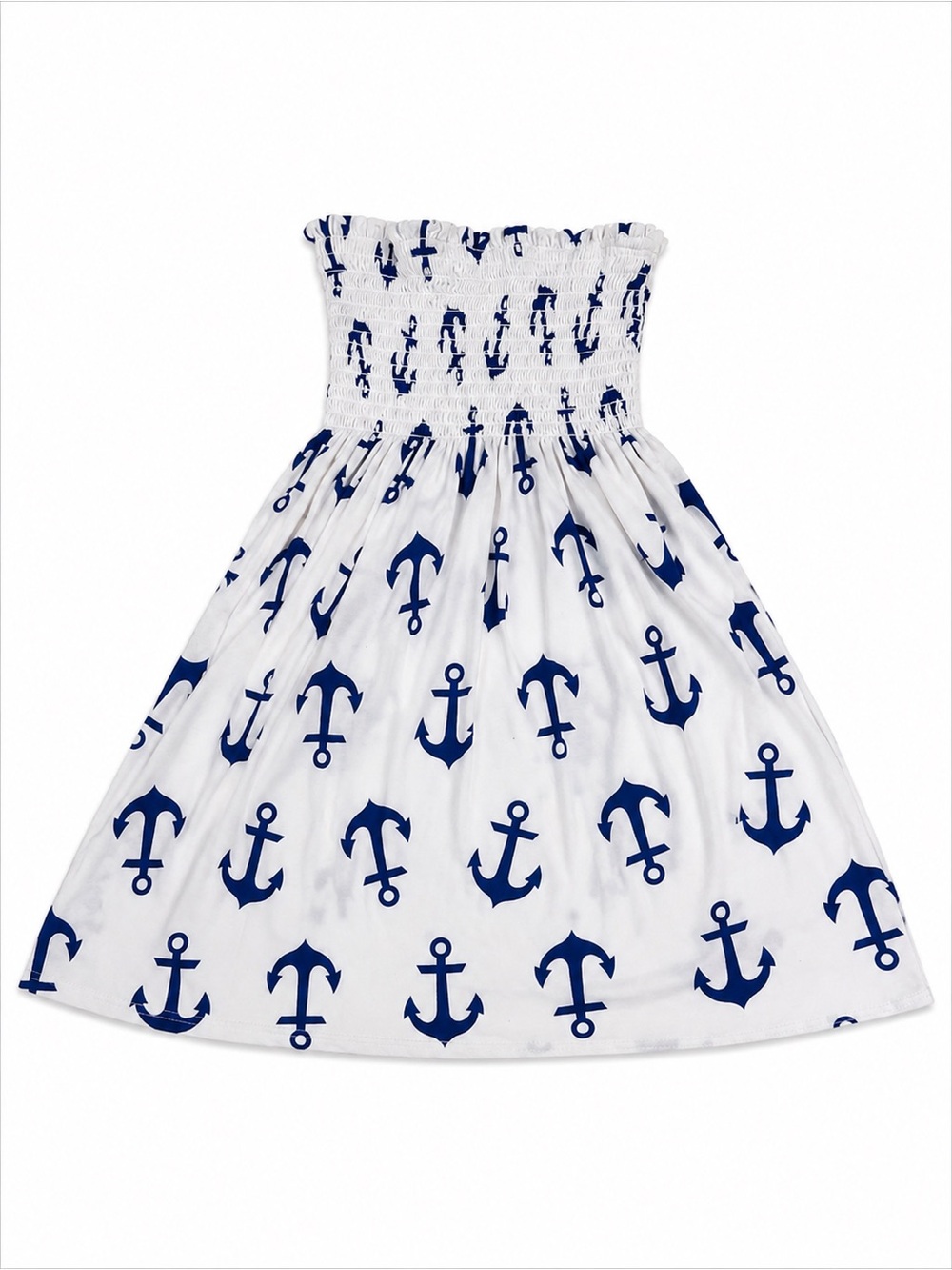 Strapless Smocked Anchor Print Cover-Up Dress | White & Blue | Size M
